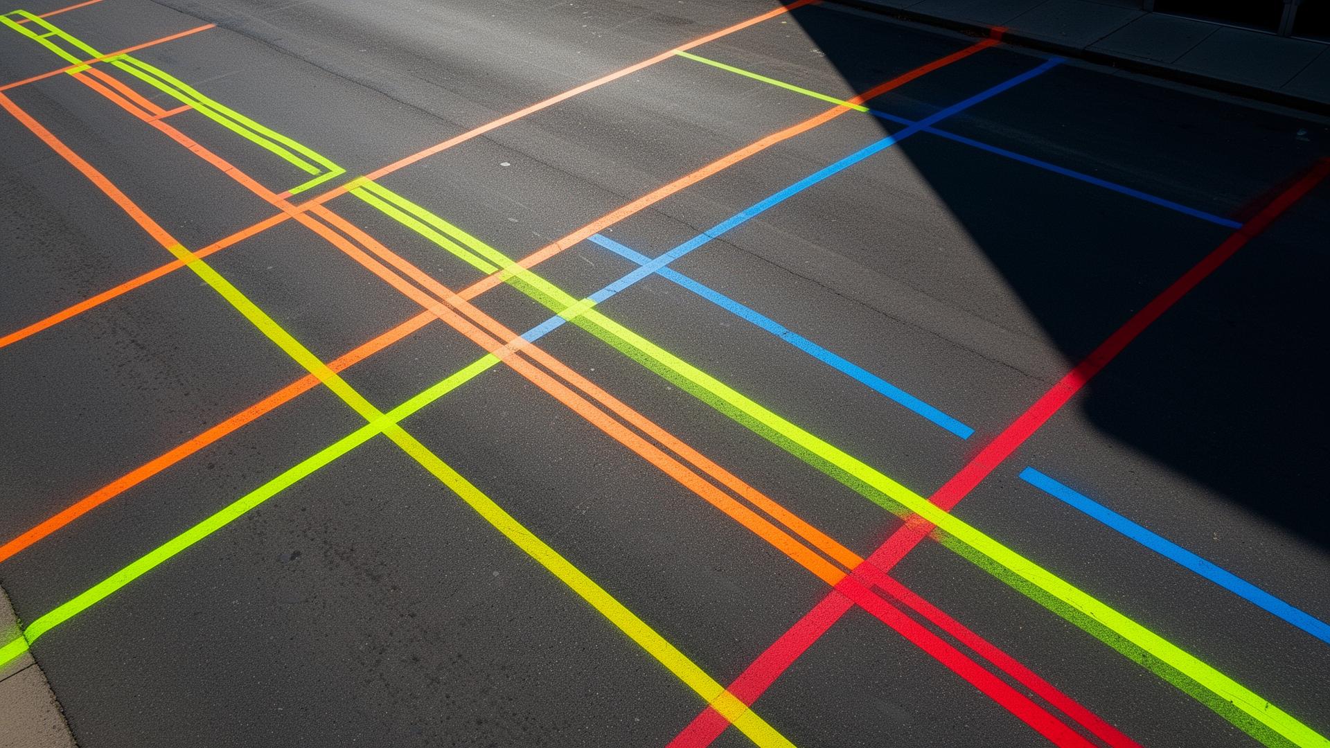 Aerial view of underground utility markings on pavement